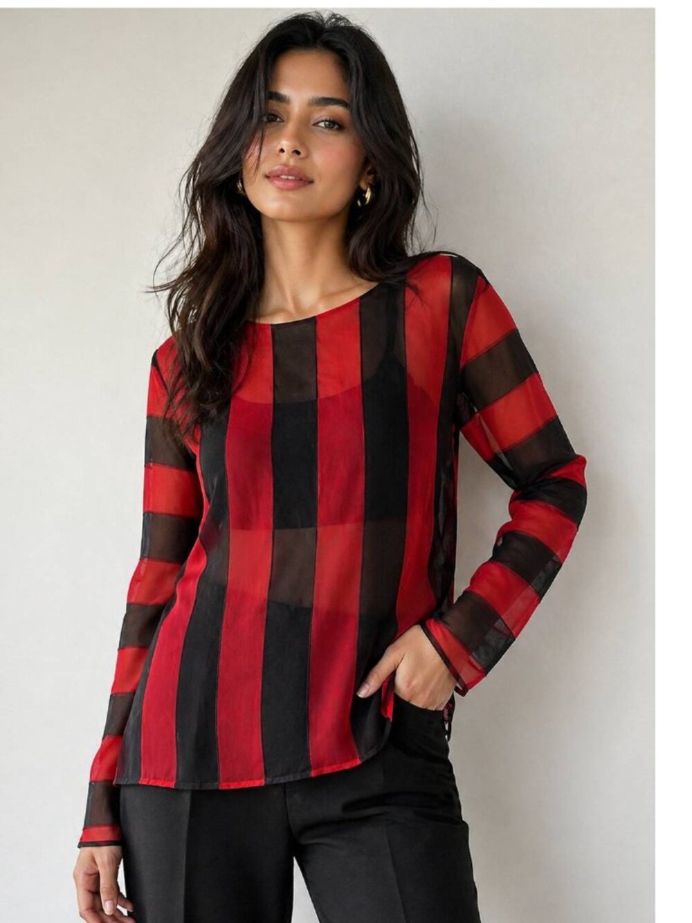 New with Tag Prada Chiffon Intarsi Striped Top  Red & Black Size 8 Made in Italy